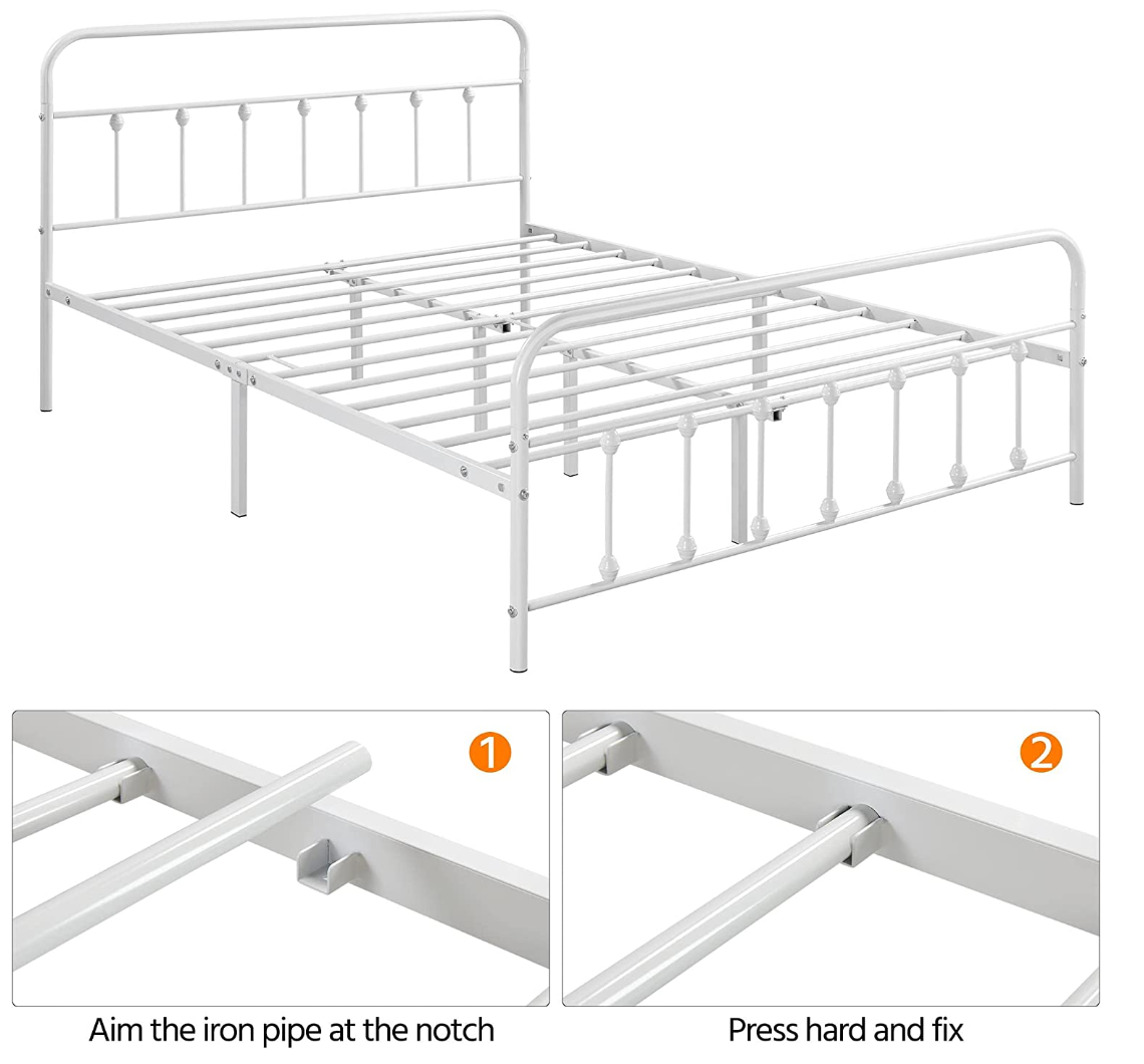 QUEEN Classic Metal Platform Bed Frame Mattress Foundation with Victorian Style Iron-Art Headboard/Footboard/Under Bed Storage/No Box Spring Needed/for Boys Girls Adults/Queen Size White