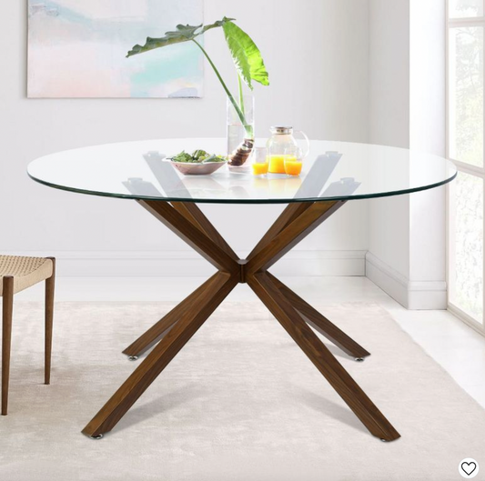 GLASS TOP WOODEN LEGS DINING TABLE